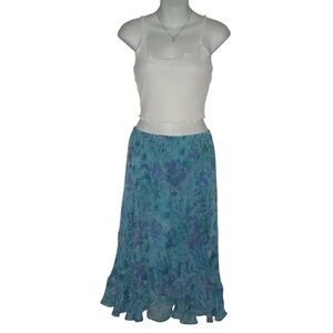 K Petite Skirt Vintage 90's Floral Mermaid Cottage Fairy Grunge Ruffle Turquoise